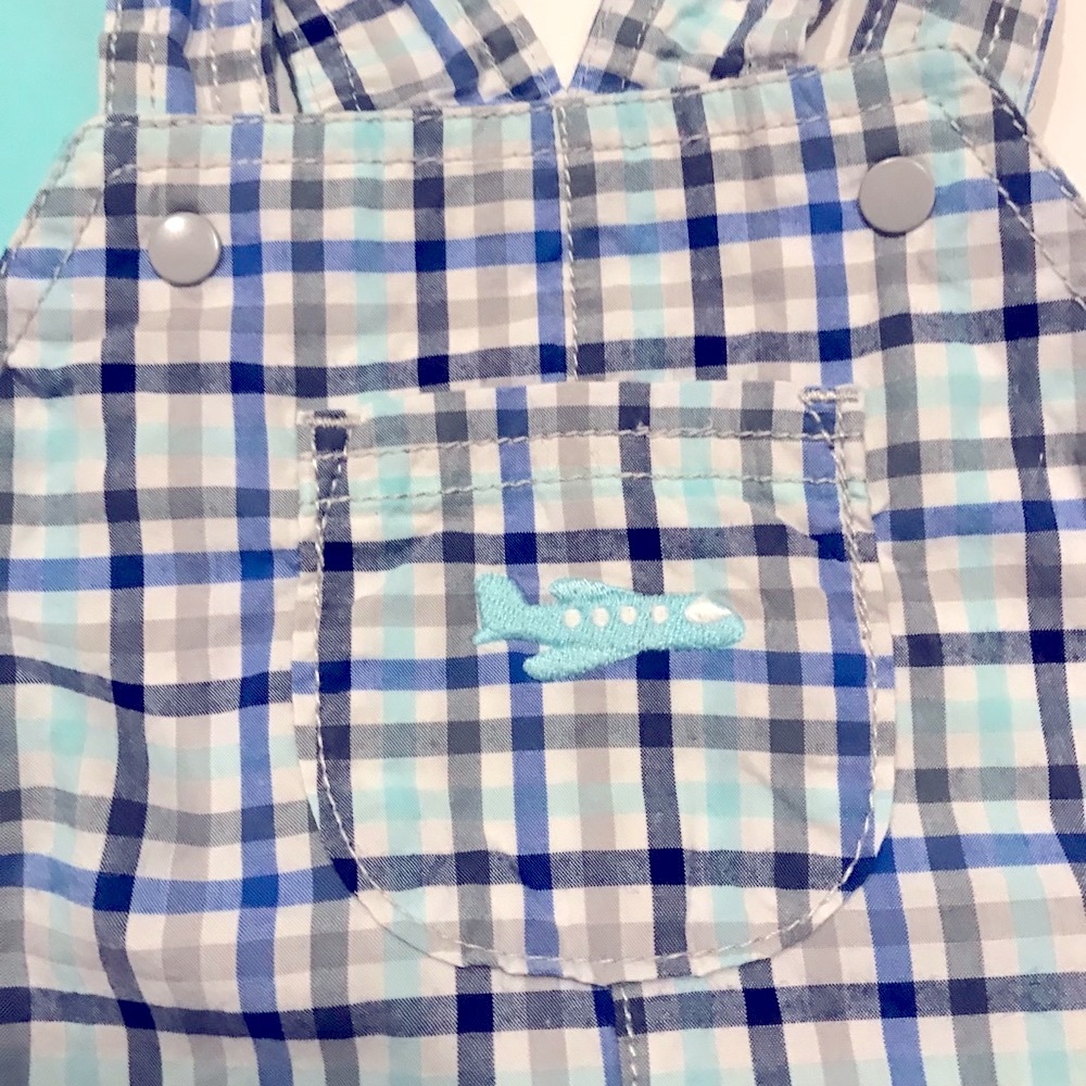 Carter’s NWOT 2 piece plaid overall short set  12M - Picture 2 of 7